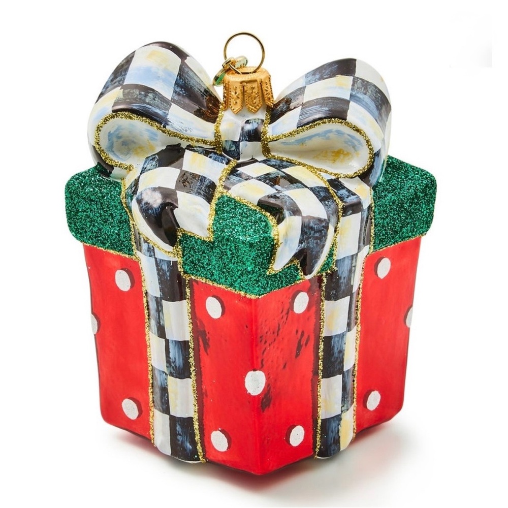 MacKenzie Childs HOLIDAY GIFT BOX Glass Ornament Courtly Check Christmas NEW